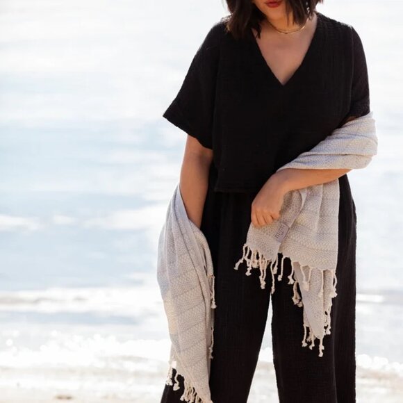 Pokoloko Tops - Pokoloco Muslin Cotton Crinkle Crop Top - Size OS - Distressed Natural Black